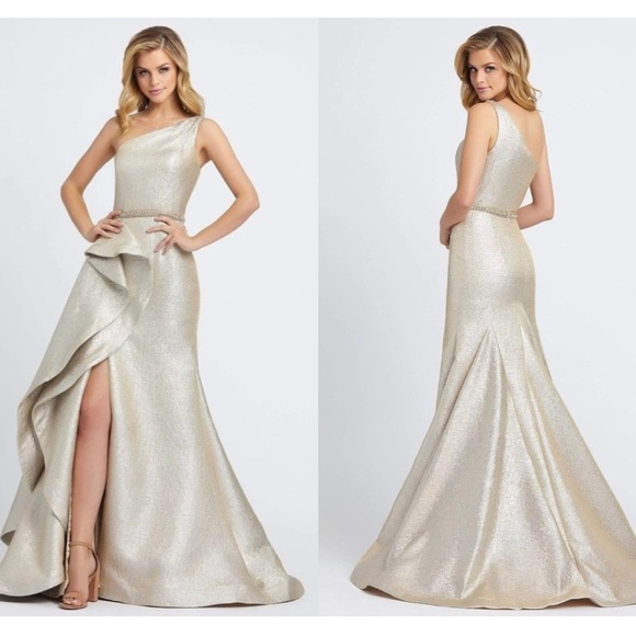 Mac Duggal ONE SHOULDER METALLIC RUFFLED EVENING GOWN - Picture 1 of 17
